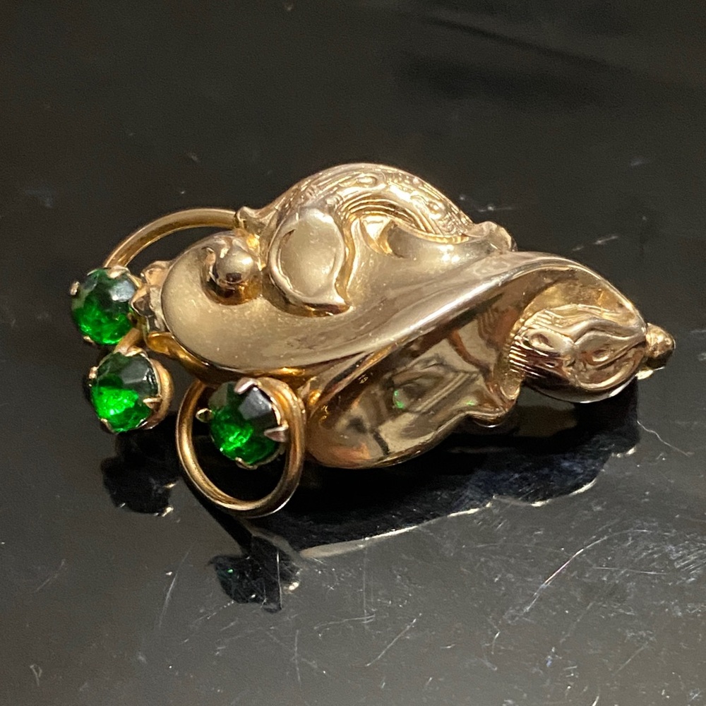 Vintage 1940’s Harry Iskin Gold Brooch with Green Rhinestones